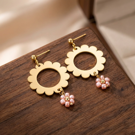 Lily - Boucles d'oreilles fleur acier doré perles roses