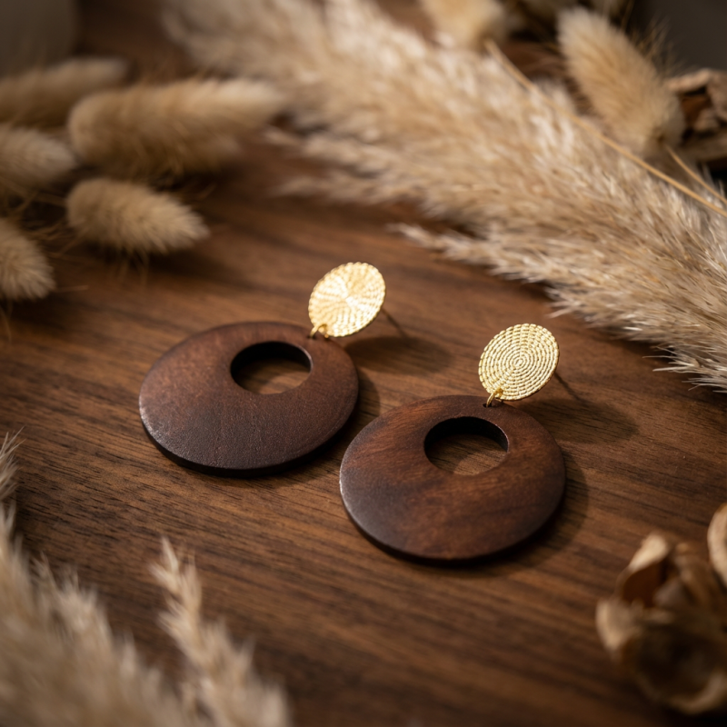 Palma - Boucles d'oreilles bois acier inoxydable doré
